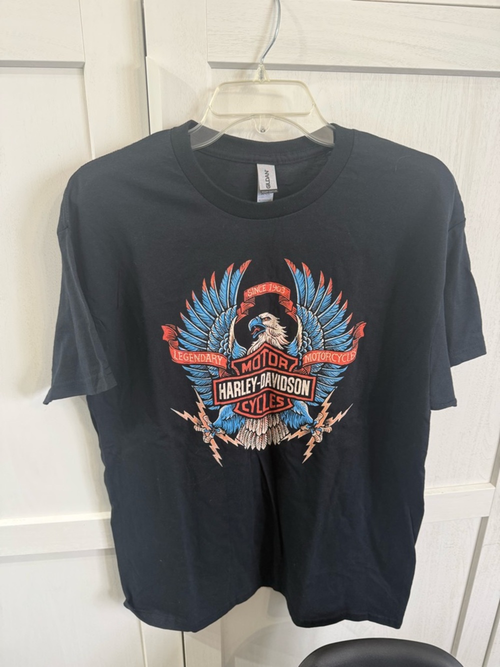 Harley Davidson Black Short-Sleeve Tee with Red & Blue Eagle Graphic